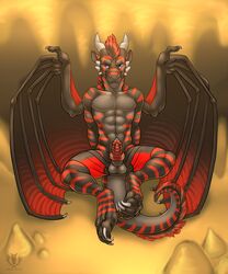 2014 abs anthro balls biceps blue_eyes claws clothing dragon erection grin hair horn knot kzarren looking_at_viewer male male_only multicolored_hair muscles nude paws pecs penis pose red_hair scalie sheath sheathed sitting smile solo stripes underwear vallhund wings