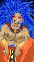 blue_hair breasts caulifla corrupted corruption dragon_ball dragon_ball_af dragon_ball_super goddess_of_destruction muscle_mommy muscles obscured_eyes red_eyes smile super_saiyan_7 transformation