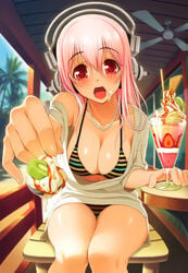 bare_shoulders bikini bird blush breasts cleavage collarbone female female_only food food_on_face foreshortening headphones hi_res high_resolution highres human ice_cream jewelry kiwifruit multicolored_bikini navel necklace nitroplus off_shoulder open_mouth outstretched_hand palm_tree parfait perspective pink_hair pov pov_feeding red_eyes sitting solo spoon striped striped_bikini super_sonico tree tsuji_santa