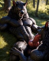 abs ai_generated angry biceps black_nose blowjob canine couple cum cumming day duo fangs forest forest_background furry gay knot male_on_male muscular muscular_anthro muscular_male navel obliques on_back oral outside outside_sex pecs realistic snarling solo veiny_penis werewolf wolf