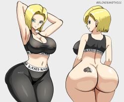 1girl 1girls android android_18 android_girl arms_behind_back arms_behind_head arms_up artist_name ass_tattoo back back_view backboob backsack belly_button big_butt black_earring black_earrings black_panties black_thong black_thong_panties blacked_clothing blonde_hair blondeandthicc blue_eyes cleavage dragon_ball dragon_ball_super dragon_ball_z earring earrings grey_background gym light-skinned_female light_skin netorare nipples nipples_visible_through_clothing ntr queen_of_spade_tattoo revealing_clothes see-through see-through_clothing see-through_pants sideboob smile smile_at_viewer smiling smiling_at_viewer spade thick_butt