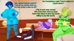 3d 3d_(artwork) 3girls albyon amethyst_(steven_universe) big_breasts blue_body blue_hair breasts cartoon_network dildo english_text female_only gem_(species) green_body lapis_lazuli_(steven_universe) long_hair partially_clothed peridot_(steven_universe) purple_body purple_hair short_hair steven_universe tagme text