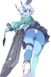 :d aqua_jacket ass blue_horns blue_skin colored_skin commentary demon_tail english_commentary female from_behind highres holding holding_sword holding_weapon horns hotvr jacket looking_at_viewer looking_back open_mouth panchira panchira_(standing) panties pointy_ears red_eyes shirt short_hair smile solo soukaku sword tail teeth underwear upper_teeth_only weapon white_hair white_panties white_shirt zenless_zone_zero