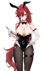 blush bunny_ears bunnysuit cuffs large_ass large_breasts long_hair looking_at_viewer maenoo pale-skinned_female pale_skin pantyhose raised_eyebrow red_hair ripped_pantyhose tablet thigh_belt thigh_gap yellow_eyes