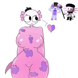 1female 1girls alternate_costume axolotl breasts female front_view happy ibispaintx medium_boobs pink_body pink_eyes pink_tail primoidk pussy reference_image roblox roblox_game self_upload stella_(tower_heroes) tagme thighs tower_heroes