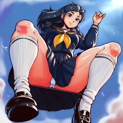 ai_generated blue_eyes civitai feet flying generated_by_nanek green_hair low-angle_view lum serafuku shoes smile urusei_yatsura white_panties yellow_neckwear