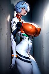 1girls ai_generated artist_upload big_breasts blue_hair bodysuit breasts female huge_breasts human neon_genesis_evangelion nipples_visible_through_clothing pale-skinned_female pale_skin pilot_suit plugsuit rei_ayanami short_hair small_waist thick_thighs tight_clothing