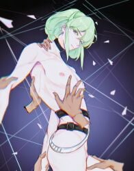 1femboy androgynous bob_cut choker collar disembodied_hand femboy femboy_focus lio_fotia multiple_males nervous nipples petite petite_body petite_male promare short_hair slim slim_male slim_waist solo_focus sweat twink