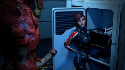 1boy 3d armour blender_(software) commander_shepard female femshep krogan large_penis locker_room mass_effect red_hair surprised twistedraven urdnot_wrex