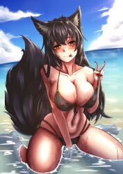 :p bags_under_eyes beach big_breasts black_bikini black_nails blush cloud clouds commission dark_hair front-tie_bikini gike kuro_neko_(kuro_nek00) long_hair nipples oc pale-skinned_female peace_sign see-through see-through_bikini see-through_clothing sharp_nails skindentation wolf_ears wolf_girl wolf_tail yellow_eyes