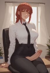 1futa ai_generated big_penis chainsaw_man domination erect_penis erection futa_only futa_sans_pussy futanari gold_eyes huge_cock long_penis looking_at_viewer luxruleart makima_(chainsaw_man) office_lady penis red_hair sitting solo