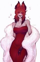 1girls alastor_(hazbin_hotel) belly big_breasts blush blushing breasts dress eyes female female_alastor_(hazbin_hotel) female_focus female_only fur fur_coat grey_body grey_skin hazbin_hotel kkamiyai lips looking_at_viewer navel no_bra red_dress red_eyes red_hair red_hair_female ring ring_on_finger rule_63 skinny skinny_female skinny_girl slim_waist solo solo_female solo_focus stomach teeth thighs thin_female thin_waist tummy waist white_fur yellow_teeth