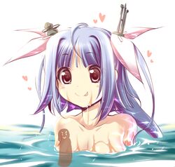 >:) akazawa_red blue_hair blush breasts female hair_ribbon i-19_(kantai_collection) kantai_collection long_hair penis penis_with_face personification red_eyes ribbon smile solo symbol-shaped_pupils tied_hair twintails water