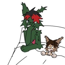 2boys after_sex black_hair blanket blue_eyes brown_hair catboy collar furry furry_only gay green_fur naked oc orange_fur shocked_expression smoking_cigarette zombie