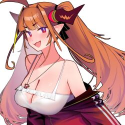 ahoge blush breasts camisole cleavage dismassd dragon_girl gradient_eyes hololive horns huge_breasts jacket jacket_off_shoulders kiryu_coco looking_at_viewer necklace open_mouth orange_eyes orange_hair smile twintails very_long_hair violet_eyes virtual_youtuber