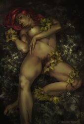 artist_name batman_(series) colored_skin covering_one_breast covering_privates crossed_legs dc_comics dima_ivanov english_commentary english_text female female_pubic_hair florakinesis full_body green_lips green_skin highres leaf leaf_clothing lipstick looking_at_viewer lying makeup navel nose on_back plant plant_clothing poison_ivy pubic_hair realistic red_hair solo vines web_address