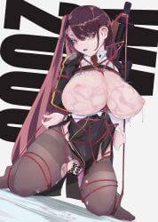 @_@ artist_request bondage breasts_bigger_than_head dark_purple_hair girls'_frontline huge_breasts pantyhose purple_eyes ripped_pantyhose side_ponytail spiral_eyes tagme text text_on_body thick_thighs thighs tied_up wa2000_(girls'_frontline) wet