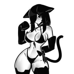 1girls 2024 :3 animal_ears bikini black_eyes black_hair breasts cat_ears cat_tail catgirl cleavage detached_sleeves facial_markings female hair_over_one_eye long_hair looking_at_viewer navel original standing tagme tail tekona thighhighs wide_hips