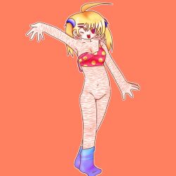 1female bra female_only no_pubic_hair open_mouth red_eyes self_harm_scars smiling waving waving_at_viewer yaoiboy6685 yellow_hair