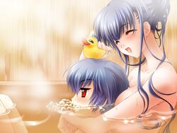 bath between_breasts blue_hair blush breast_grab breast_pillow breasts brother_and_sister bubble carnelian closed_eyes couple game_cg head_between_breasts hug kamiazuma_touka kawakabe_momoka large_breasts long_hair mixed_bathing nipples nude red_eyes rubber_duck siblings smile steam touka_gettan water wet