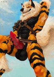 ambiguous_fluids animal_genitalia anthro arcanine balls big_balls biped bodily bodily_fluids canid canine claws digitigrade dripping erection fancytail feet fingers fluffy fur generation generation_1_pokemon genital_fluids genitals knot licking male male/male mammal masturbation muscular nintendo oral paws penile penis pokemon pokemon_(species) precum self sheath smile solo tail toes tongue tuft