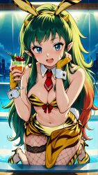 ai_generated blue_eyes cherry eyeshadow fishnet_stockings generated_by_nanek glass_cup green_hair high_heels holding_glass_cup horns in_pool lum open_mouth playboy_bunny seaart.ai tiger_print_bikini urusei_yatsura water