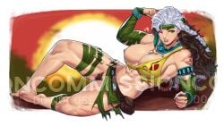 bag braid breasts female female_pubic_hair green_eyes green_headband green_loincloth headband large_breasts marvel marvel_rivals multicolored_hair muscular muscular_female nipples no_bra no_panties official_alternate_costume official_alternate_hairstyle one_breast_out one_eye_closed pubic_hair rogue_(savage_land) rogue_(savage_south)_(x-men) rogue_(x-men) satchel savage_land skullworms smile solo two-tone_hair x-men