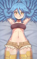 1girls :q ahoge armpits arms_behind_head bare_shoulders bed_sheet bird_legs blue_hair blue_wings blush breasts closed_mouth collarbone feathered_wings feathers groin hair_between_eyes harpy highres indoors looking_at_viewer lying medium_hair mizmillificent monster_girl monster_musume_no_iru_nichijou navel no_bra no_panties on_back paid_reward_available papi_(monster_musume) patreon_username pussy pussy_peek shorts small_breasts strapless sweat thighs tongue tongue_out tube_top underboob watermark winged_arms wings yellow_eyes