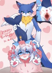 absurd_res anthro anus ass blue_body blue_eyes cake canid canine dessert domestic_cat duo felid feline felis female fish food genitals hi_res humanoid lalamedli male male/female mammal marine nude pussy shark_girl