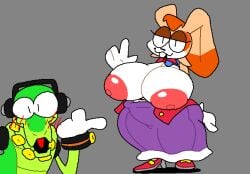 admiring alternate_body_type alternate_breast_size anthro anthro_only big_breasts breasts dress duo furry huge_breasts milf scalie sonic_(series) superiorfox vanilla_the_rabbit vector_the_crocodile waving