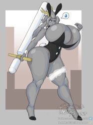 2024 5_fingers anthro antlers big_breasts blue_eyes bovid breasts bunny_costume bursting_breasts caprine clothing costume fake_ears fake_rabbit_ears female fingers goat grey_body hi_res horn huge_breasts mammal pseudoregalia solo sybil_(pseudoregalia) thelazydreamer thick_thighs tight_clothing