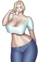 ass blonde_hair blue_eyes blush breasts huge_ass large_breasts long_hair short_hair tan yamakawaya