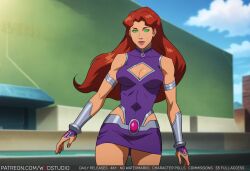 ai_generated bare_shoulders breasts cleavage cleavage_cutout clothing clothing_cutout colored_skin covered_navel dc dc_comics female female_only green_eyes justice_league_vs_teen_titans koriand&#039;r long_hair looking_at_viewer medium_breasts navel orange_skin red_hair skirt sky solo starfire starfire_(dcamu) superheroine tagme tamaranean teen_titans wodstudio