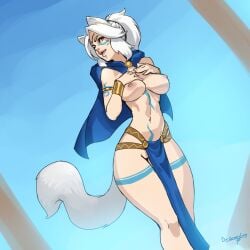 1girls areolae body_paint breasts cat_ears cat_tail dr_graevling female female_only light-skinned_female light_skin loincloth looking_at_viewer nipples pelvic_curtain solo tail white_hair wide_hips