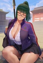 ai_assisted ai_generated big_breasts cleavage erotic_nansensu jujutsu_kaisen miniskirt open_clothes school_uniform teenager thick_thighs wip zenin_maki