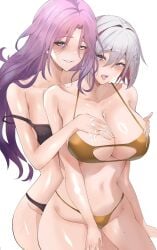 2girls black_bra black_panties blue_eyes bra breasts colored_inner_hair cum from_behind grey_hair hair_ornament highres honkai:_star_rail honkai_(series) jade_(honkai:_star_rail) kuro_artis_(kuru-kuru) kuru_(artist) large_breasts long_hair looking_at_viewer multicolored_hair multiple_girls open_mouth panties pink_hair red_hair short_hair smile streaked_hair tongue tongue_out topaz_(honkai:_star_rail) underwear white_background yellow_bra yellow_panties yuri