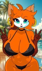 1girls 2024 2d 2d_(artwork) abs absurd_res anthro beach big_ass big_breasts bikini bimbo bimbo_body blue_sky brown_fur cat_ears cat_girl cat_tail catgirl cloud clouds curvaceous curvaceous_body curvaceous_female curvaceous_figure curvy curvy_body curvy_female curvy_figure dyed_hair eyebrows eyelashes female furrange furry furry_ears furry_female furry_only furry_tail hands-free hi_res huge_ass huge_breasts looking_at_viewer orange_fur original original_character painted_hair palm_tree palm_trees peace_sign short_hair voluptuous voluptuous_female white_fur wide_hips