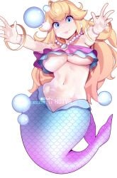 bare_shoulders blonde_hair blue_eyes blue_scales bracelet breasts commentary english_commentary female gold_bracelet highres hotvr jewelry large_breasts lips long_hair looking_at_viewer mario_(series) mermaid mermaid_peach monster_girl navel necklace nintendo pearl_necklace pink_scales pixiv_username princess_peach princess_peach:_showtime! scales simple_background solo stomach subscribestar_username underboob white_background