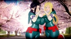 2girls 3d black_hair blonde_hair izuku_midoriya_(cosplay) izuku_midoriya_(hero_outfit) melissa_shield momo_yaoyorozu my_hero_academia qxdt