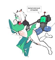 cum deltarune femboy konni male male_penetrated ralsei ralsei_with_white_fur restrained restrained_arms robot small_but_hung small_dom_big_sub stomach_bulge tagme