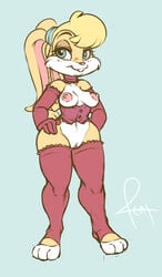 anthro breasts collar corset elbow_gloves female fur furry gloves hand_on_hip lace lagomorph lingerie lola_bunny looking_at_viewer looney_tunes mammal pizzacat pussy rabbit solo space_jam standing stockings thigh_highs warner_brothers wide_hips