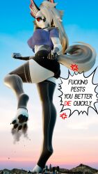 1girls 4_toes anthro canid canid_demon canine city city_destruction clothed clothing crop_top feet female female_focus female_only furry giantess grey_body grey_fur helluva_boss humanoid keynor latex long_hair loona_(helluva_boss) macro micro middle_finger mythological_canine mythological_creature mythology paws red_eyes solo speech_bubble stockings text white_fur white_hair