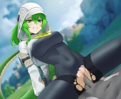 1boy absurdres arknights arknights:_endfield blurry blurry_background blush breasts cameltoe closed_mouth cloud cloudy_sky commentary english_commentary female fluorite_(arknights) green_eyes green_hair grin highres hood hood_up large_breasts long_hair looking_at_another penis pussy sedai sex sitting sitting_on_person sky smile spread_legs straight tail teeth torn_clothes uncensored vaginal_penetration