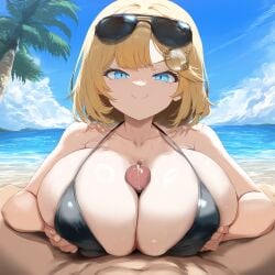 ai_generated big_breasts bikini black_bikini blonde_hair blue_eyes breast_squeeze breasts cleavage hands_on_breasts hololive hololive_english hololive_myth huge_breasts large_breasts mommy paizuri penis pov precum sideboob sunglasses virtual_youtuber vtuber watson_amelia