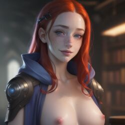 ai_generated book bookshelf breasts_out fantasy female female_focus female_only freckles freckles_on_face ginny_weasley harry_potter looking_at_viewer mage magic magic_user medium_breasts nipples red_hair smiling smiling_at_viewer solo solo_female spellbook studying wand wizard