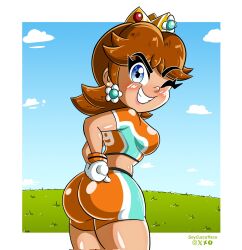 1girls ass big_ass big_breasts blue_eyes breasts brown_hair busty daisy's_hot_stuff_(trend) fat_ass female female_only gloves grin hand_on_hip highres huge_ass large_breasts legs looking_at_viewer looking_back mario_(series) mario_strikers midriff nintendo orange_shorts pink_lips princess_daisy short_hair shorts sideboob smile soccer soccer_uniform solo soycuscatleco sportswear thick_thighs thighs