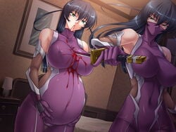 2girls bed bedroom black_hair blood bodysuit breasts clone clothing elbow_gloves female female_focus female_only gloves gore green_eyes guro igawa_asagi impalement kagami katana kunoichi large_breasts long_hair mask multiple_girls murder ninja pregnant ready_to_pop stabbed stabbing standing suicide sword taimanin_(series) taimanin_asagi weapon