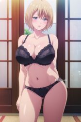 1girls ai_generated arisato_yu big_breasts black_lingerie black_underwear blonde_hair female female_only hououji_akane lingerie megami_no_kafeterasu underwear