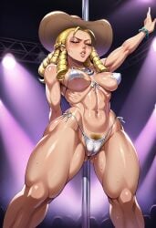 ai_generated anklet arms_behind_head arms_up audience bikini blonde_hair brown_eyes cameltoe closed_eyes drill_hair hair_drills hat jewlery karin_kanzuki lips muscles muscular muscular_female pubic_hair seelenwanderer_(artist) street_fighter street_fighter_v strip_club stripper stripper_pole summer_hat sun_hat thick_hips thick_thighs toned_female white_bikini