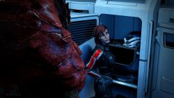 1boy 3d armour blender_(software) commander_shepard female femshep krogan locker_room mass_effect red_hair surprised twistedraven urdnot_wrex